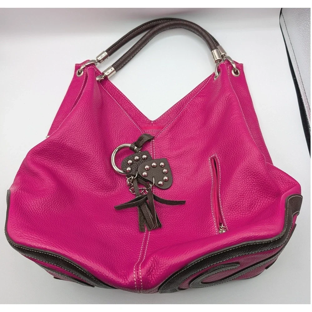Vera Pelle Italy Pink Leather Hobo Bag Studded Heart Tassel Magenta Brown Accent